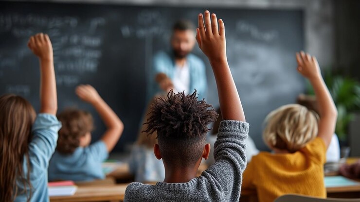 Professor apontando para alunos levantando as mãos em uma movimentada sala de aula do ensino fundamental.