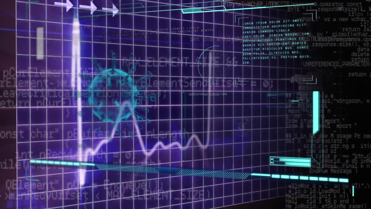 코로나 19 세포의 애니메이션, 스크린에 있는 모니터를 통해 의료 데이터 처리