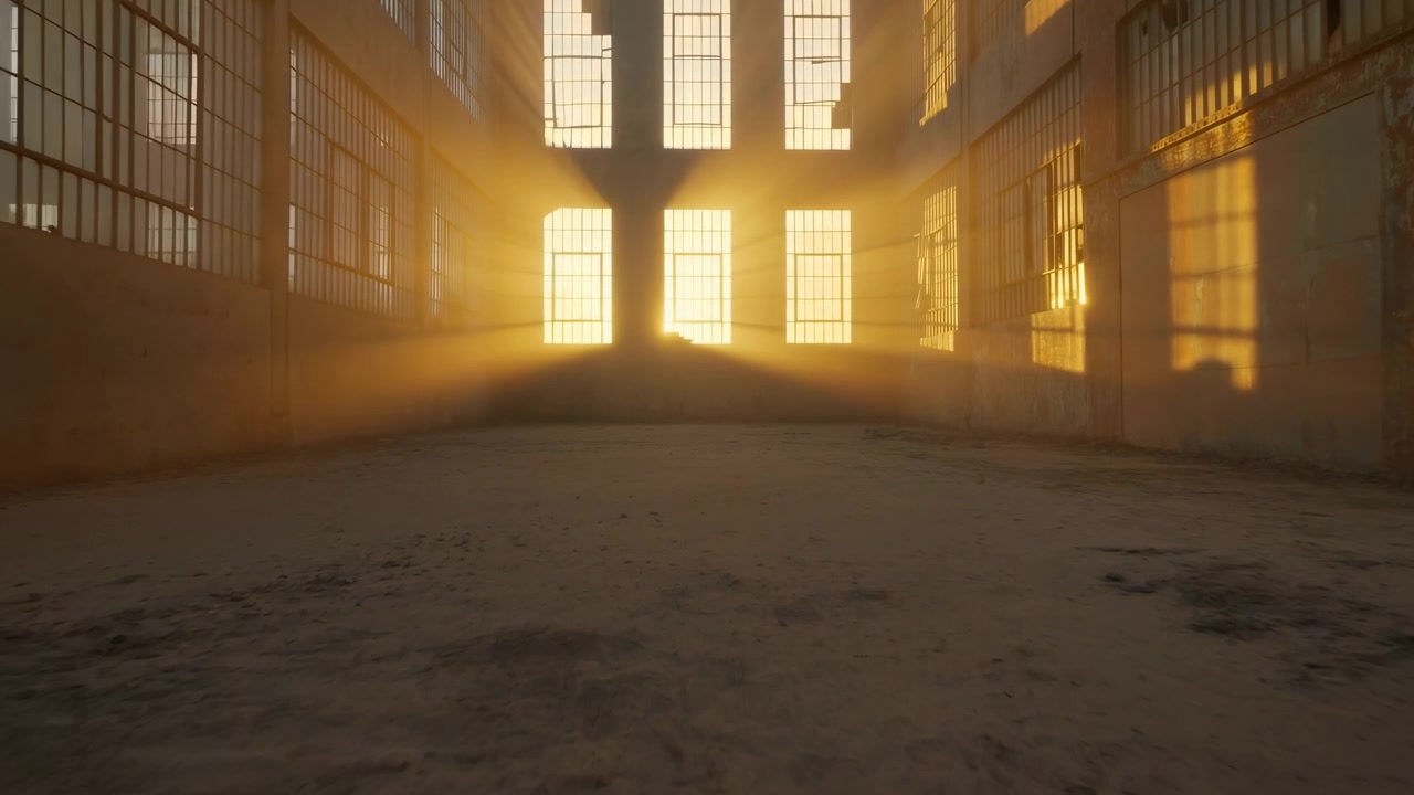 Vista amplia de un espacioso almacén abandonado con ventanas altas, luz dorada que se filtra por un suelo de hormigón, polvo visible en el aire y largas y dramáticas