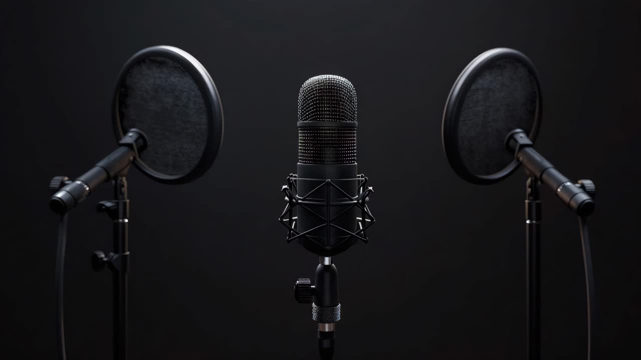 Three microphones with pop filters on stands against a dark background