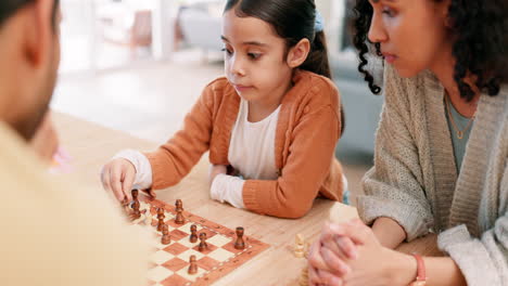 child, mother and family playing chess at home