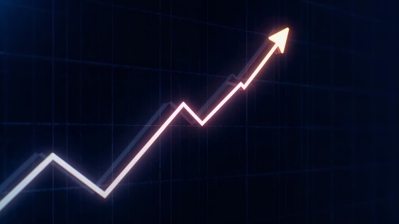 Animation starting glowing orange zigzag arrow moving on navy grid to upper-right, showing growth