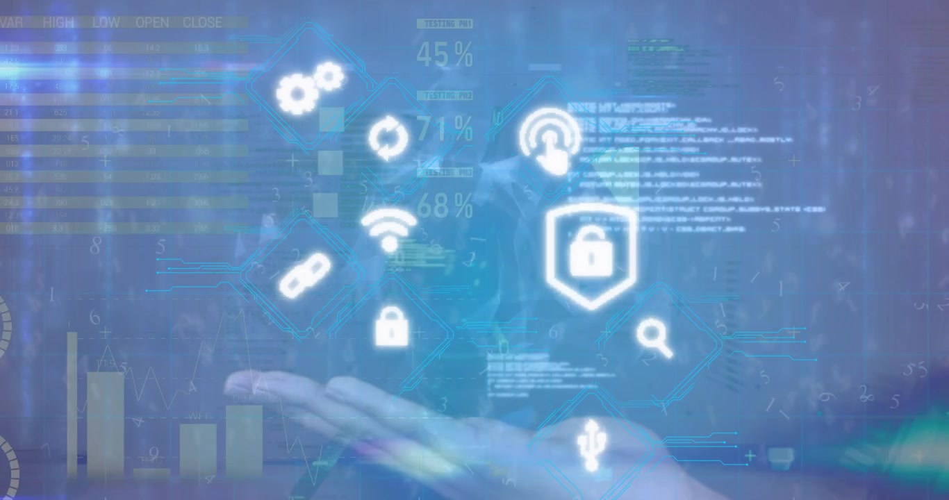 Animation of spinning globe over cupped hand against data processing and digital icons