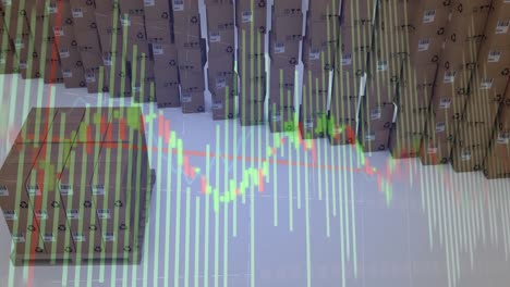 animation of statistics processing over cardboard boxes on white background