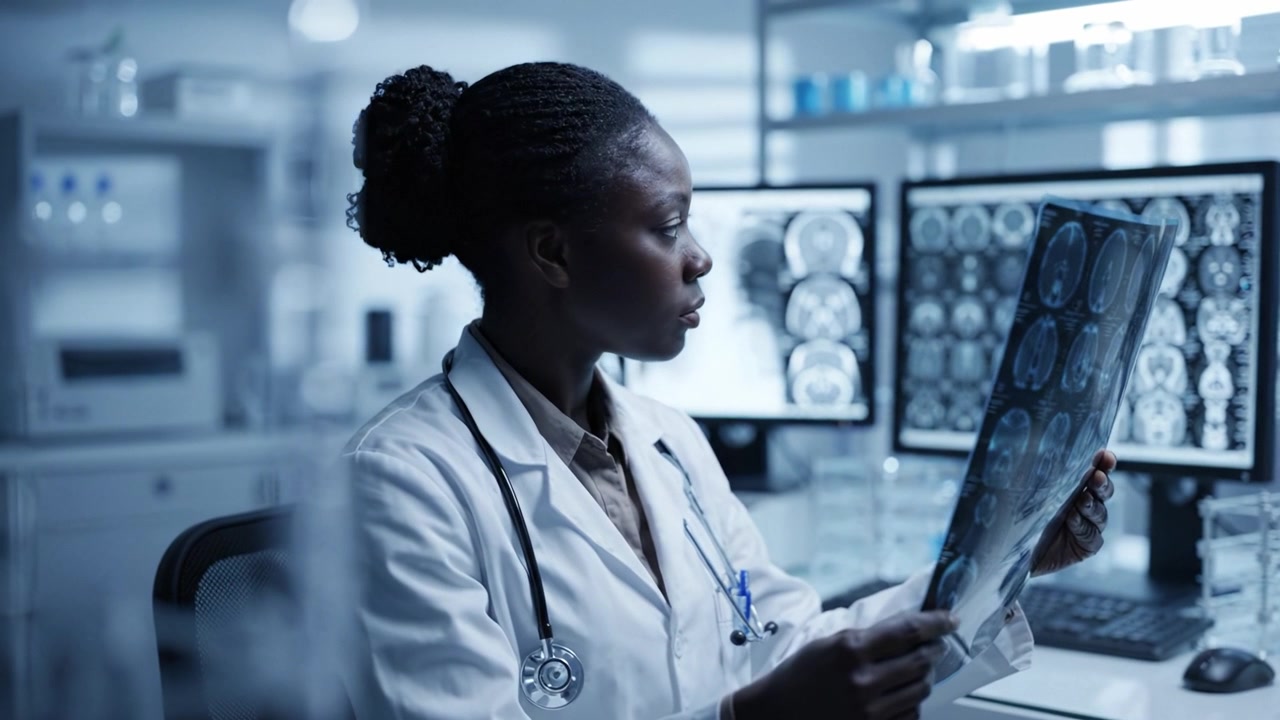 Professional Medical Researcher Analyzing MRI Scans in a Modern Laboratory Setting Focused on Patient Care and Advanced Diagnostics Techniques