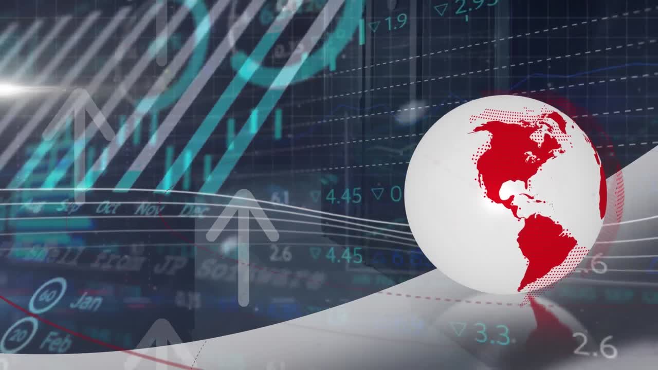 Dönen dünya küresi, istatistiksel ve borsa verileri işleme animasyonu, sunucu odası arka planında.