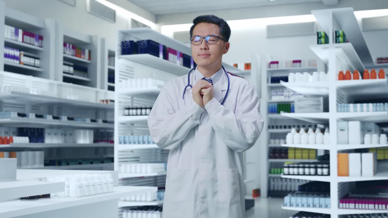 스테토스코프를 들고 있는 아시아 남성 의사는 약국에서 무언가를 위해 기도합니다.
