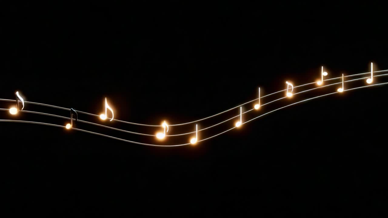 The Magical Dance of Musical Notes Illuminated Against a Dark Background: A Visual Symphony of Light and Melody Captured in Two Stunning Frames That Showcase the Essence of Music's Rhythm and Harmony