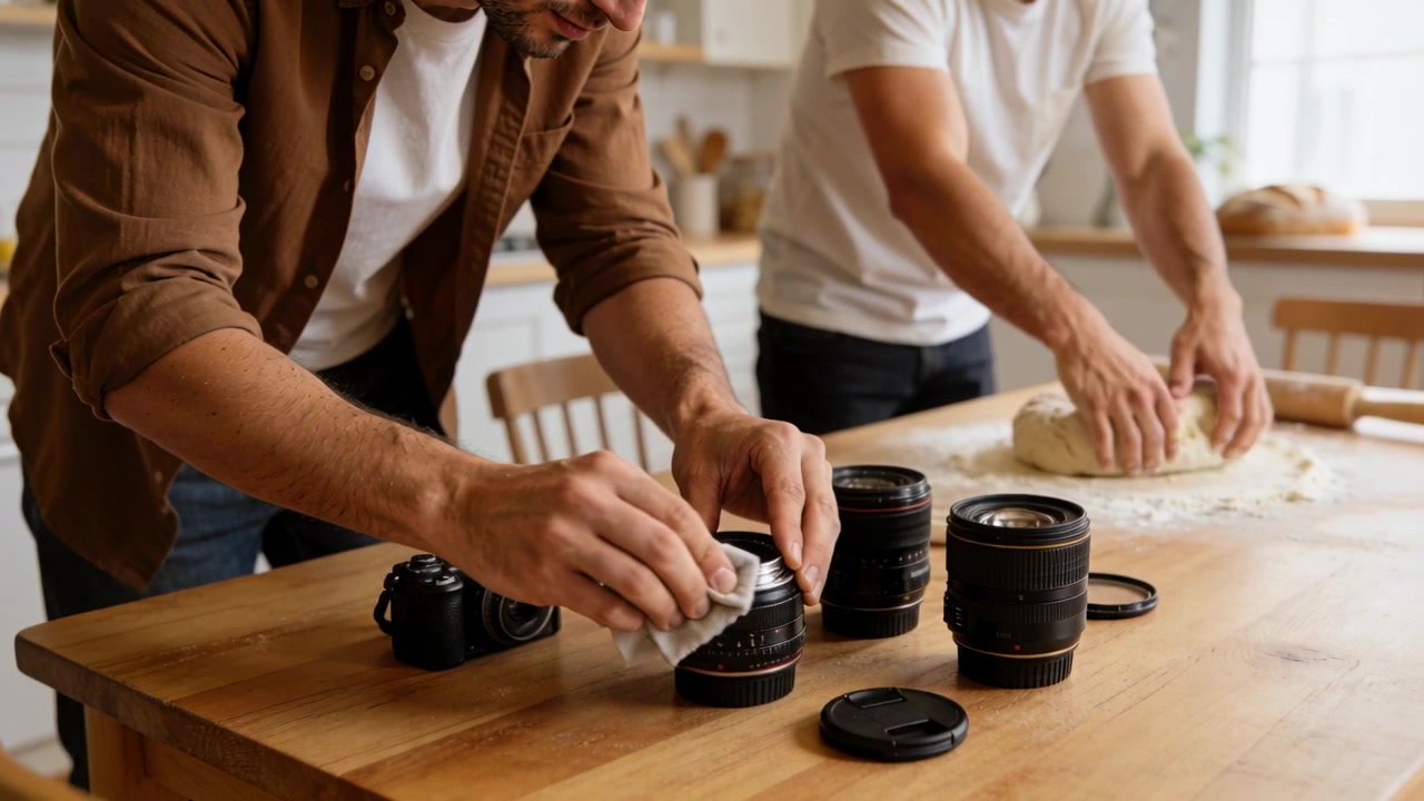 Reaching photographer wiping lens for clear shots in kitchen while baker kneading dough for bread