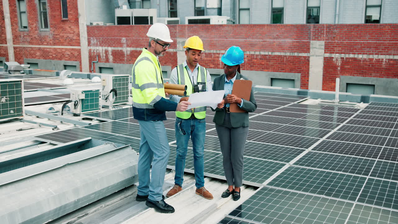 Engineers Inspecting Solar Panels on a Building Roof