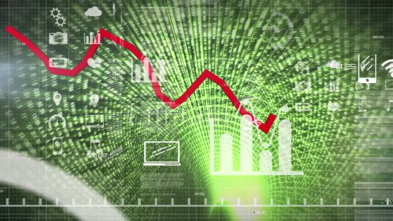 Animation of financial data processing with red line and digital tunnel