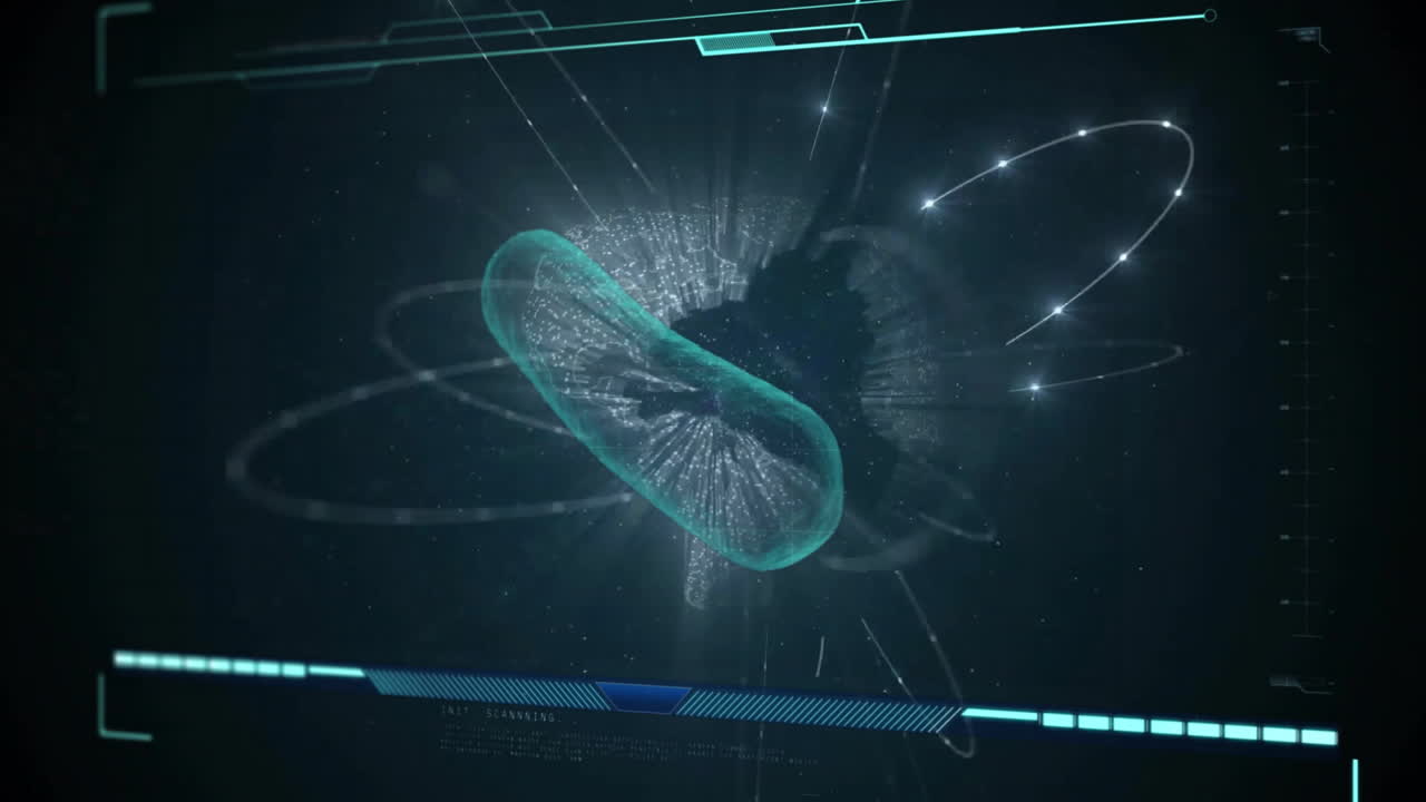 Displaying animation of glowing cell with orbiting particles and data lines