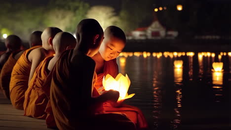 young monks participate in a night lantern ceremony