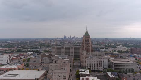 establishing drone shot of the new center area in detroit, michigan