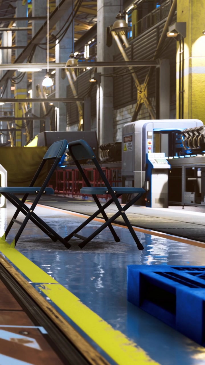 Chairs and equipment in a warehouse during daylight hours
