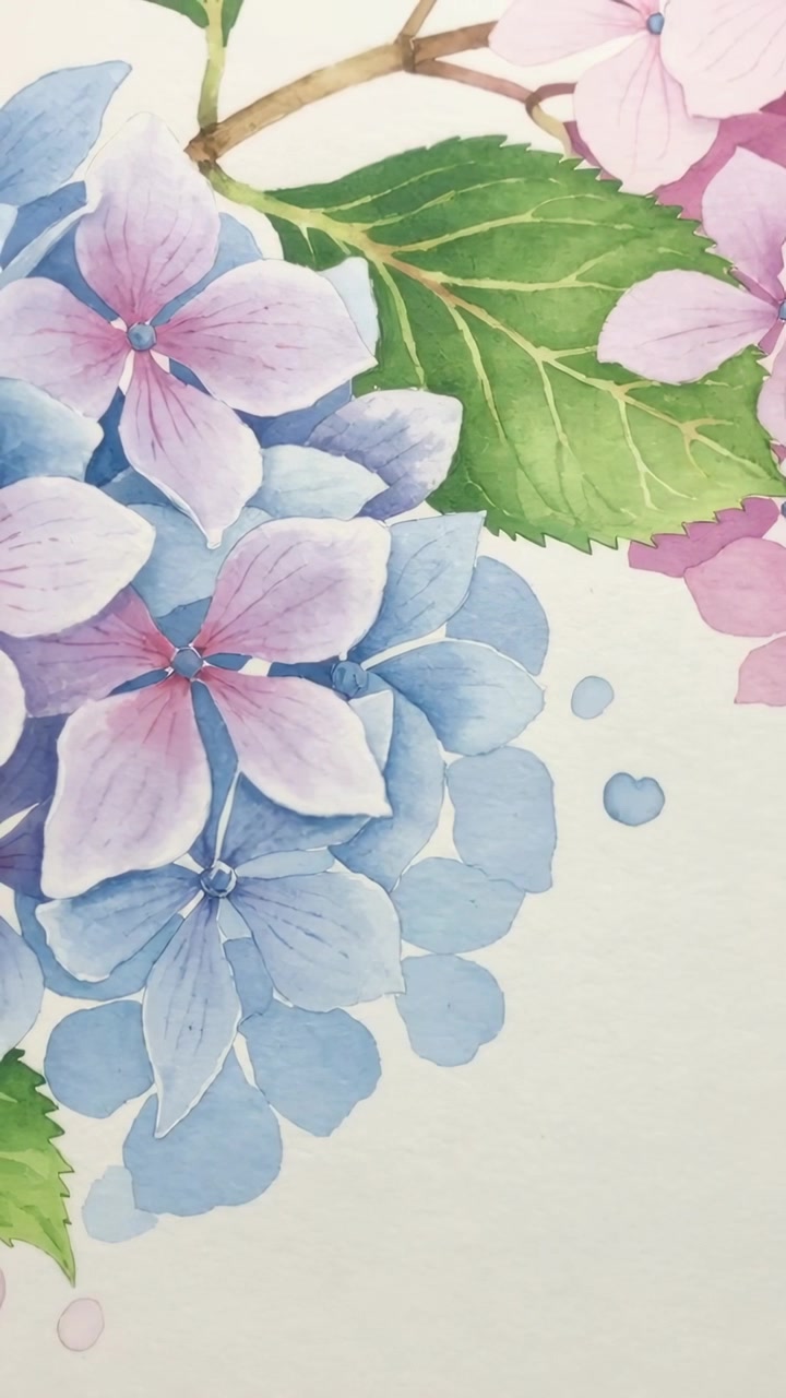 Video verticale: Panoramica di un grappolo di ortensie dipinte con foglia su carta color crema, che mostra gocce blu.