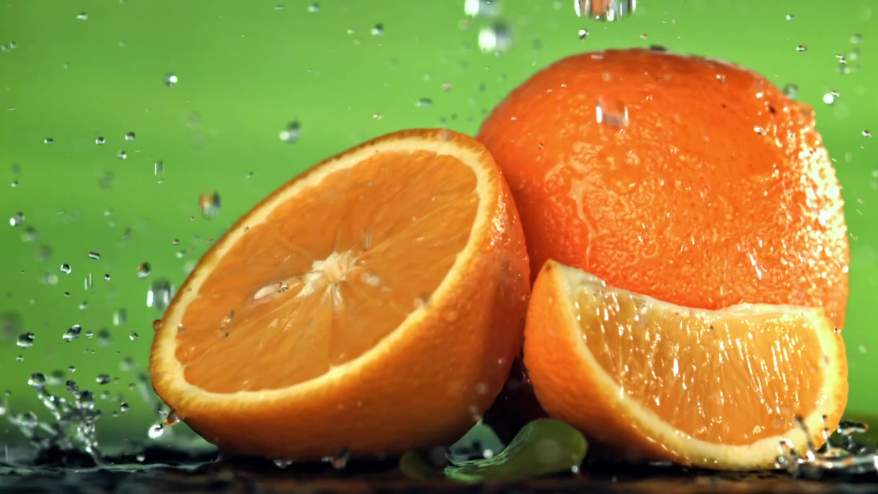 Schizzi d'acqua su arance fresche su sfondo verde