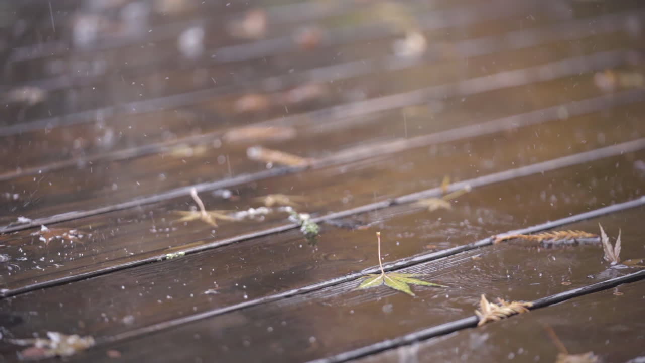 나무 데크에 떨어지는 빗방울의 슬로우 모션 클로즈업
