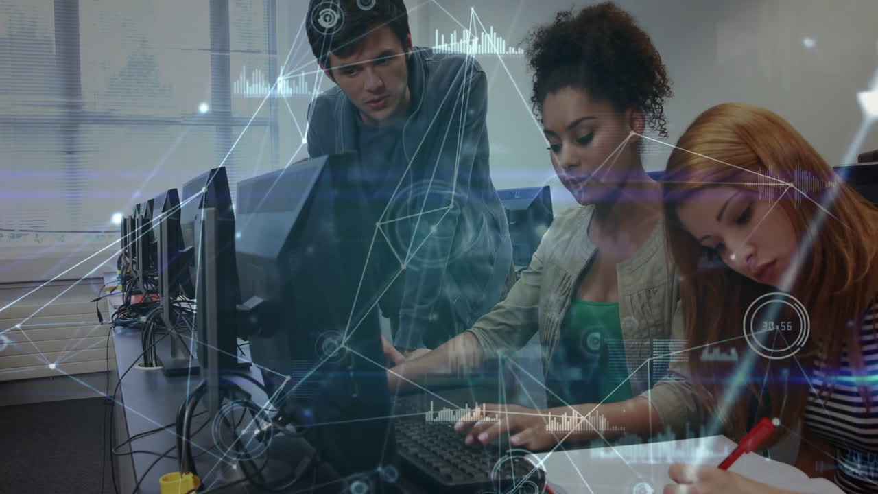 In school, students collaborating on project with digital network animation overlay