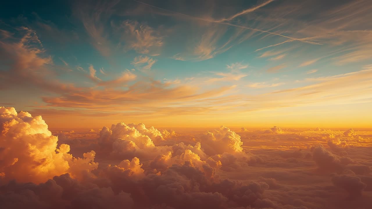Ascending drone capturing golden-lit cumulus cloudscape at sunset with cirrus streaks jet contrails