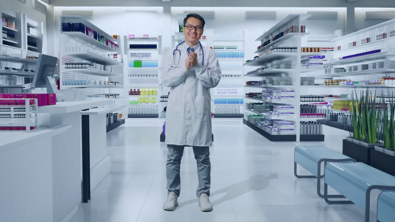 스테토스코프를 들고 약국에서 손을 치는 아시아 남성 의사의 몸이 가득 차 있습니다.
