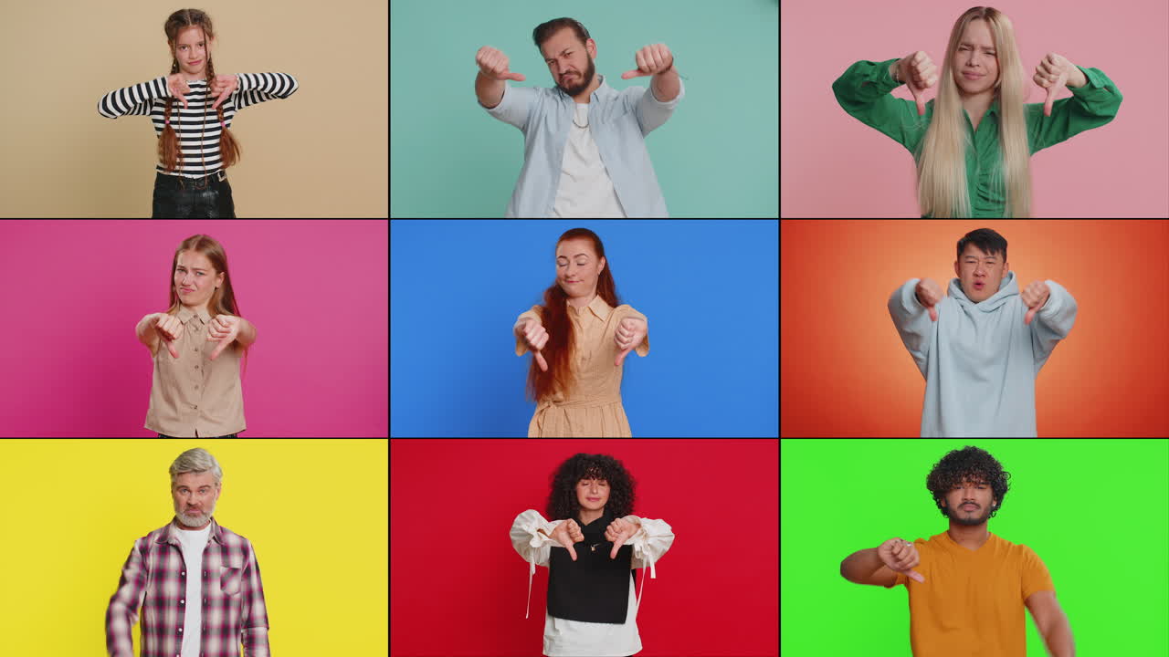 collage de molesto frustrado diversas personas da pulgares hacia abajo retroalimentación negativa desaprobación fracasar perder