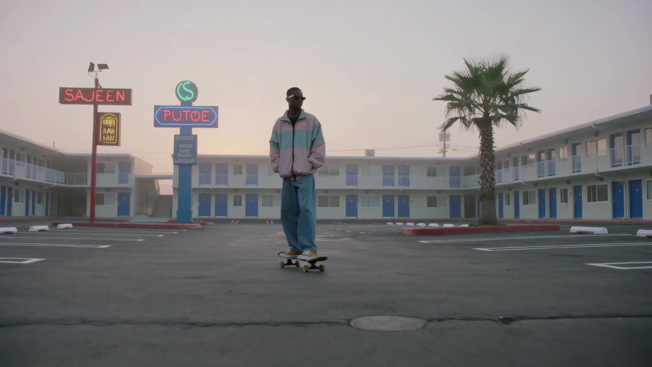 Cruising man in pastel jacket riding skateboard across motel lot for dawn cruise