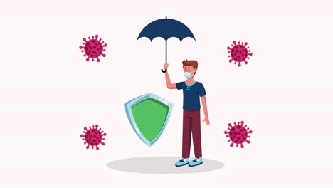 young man wearing medical mask with shield and umbrella animation