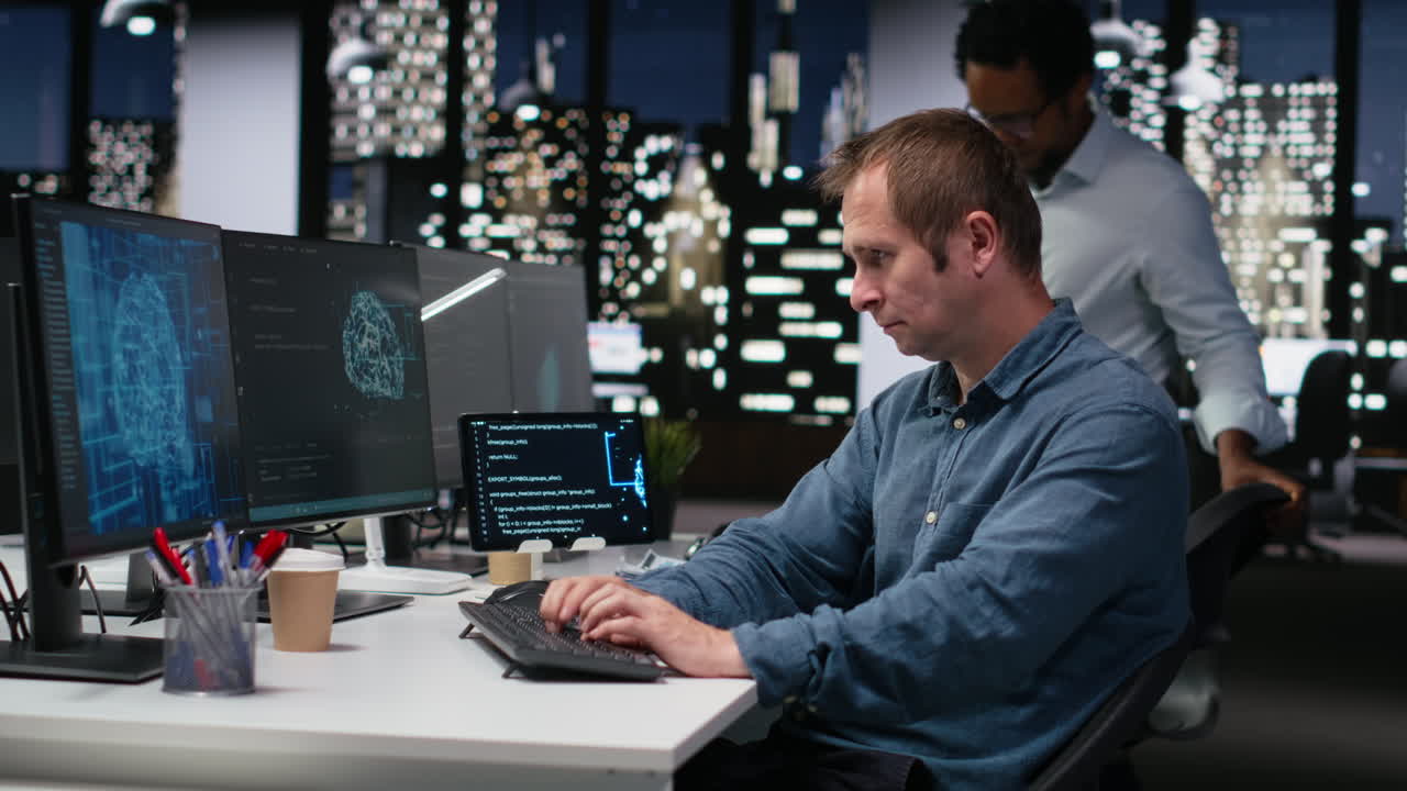 Male Programmer Working on Multiple Computer Screens in Modern Office at Night