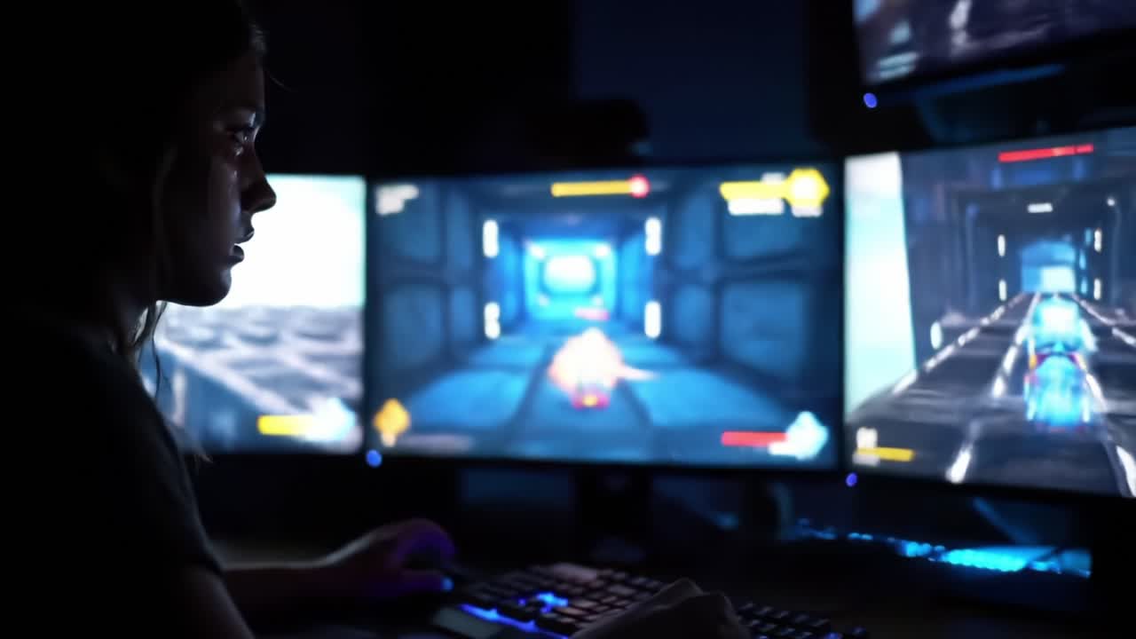 A focused gamer absorbed in an immersive video game experience, surrounded by multiple monitors showcasing dynamic gameplay in a darkened room filled with technology