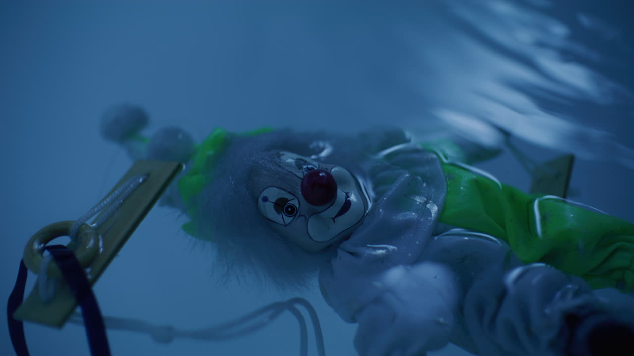 Un pupazzo clown triste sott'acqua