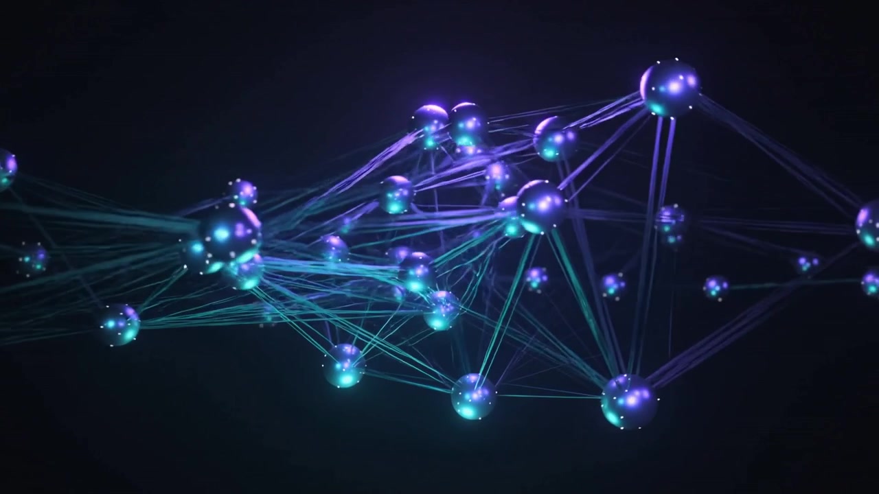 Zooming camera causing network nodes rotating shifting and pulsing showing signal flow in dark void