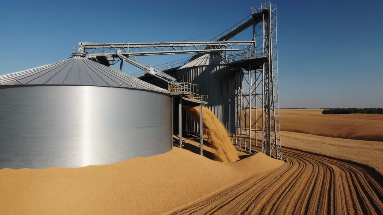 Grain being unloaded and piled outside a storage silo