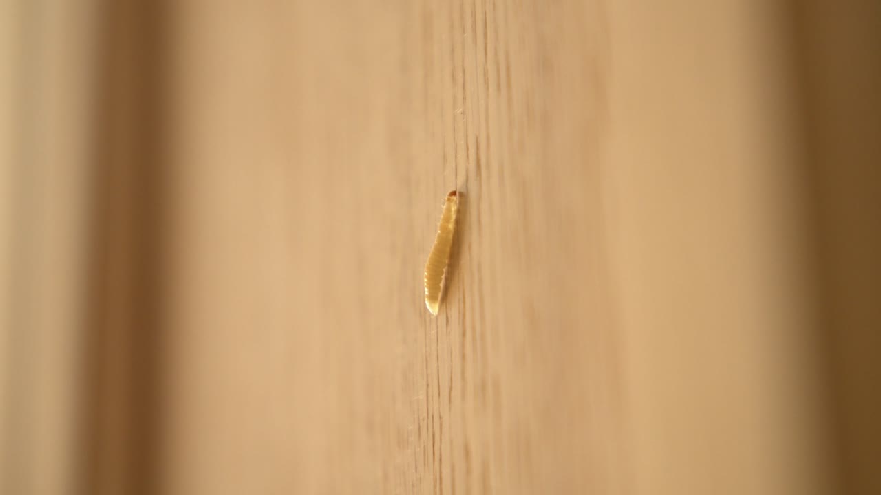 Top-side view of maggot insect climbing on wooden cabinet during summer in 4K