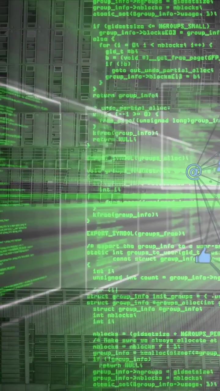 Vertical video: Hologram code streaming over server grid right node firing beams causing data flow