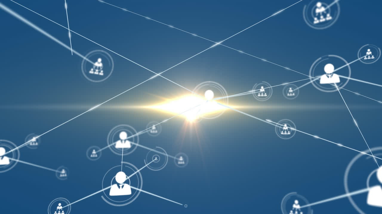 파란색 배경의 빛 트레일 위의 아이콘으로 연결 네트워크의 애니메이션