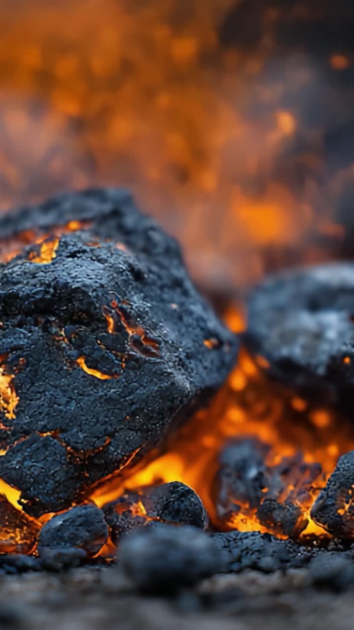 Primo piano accattivante di rocce di brace incandescenti con scintille: uno spettacolo ipnotizzante di calore e fuoco nella danza della natura.