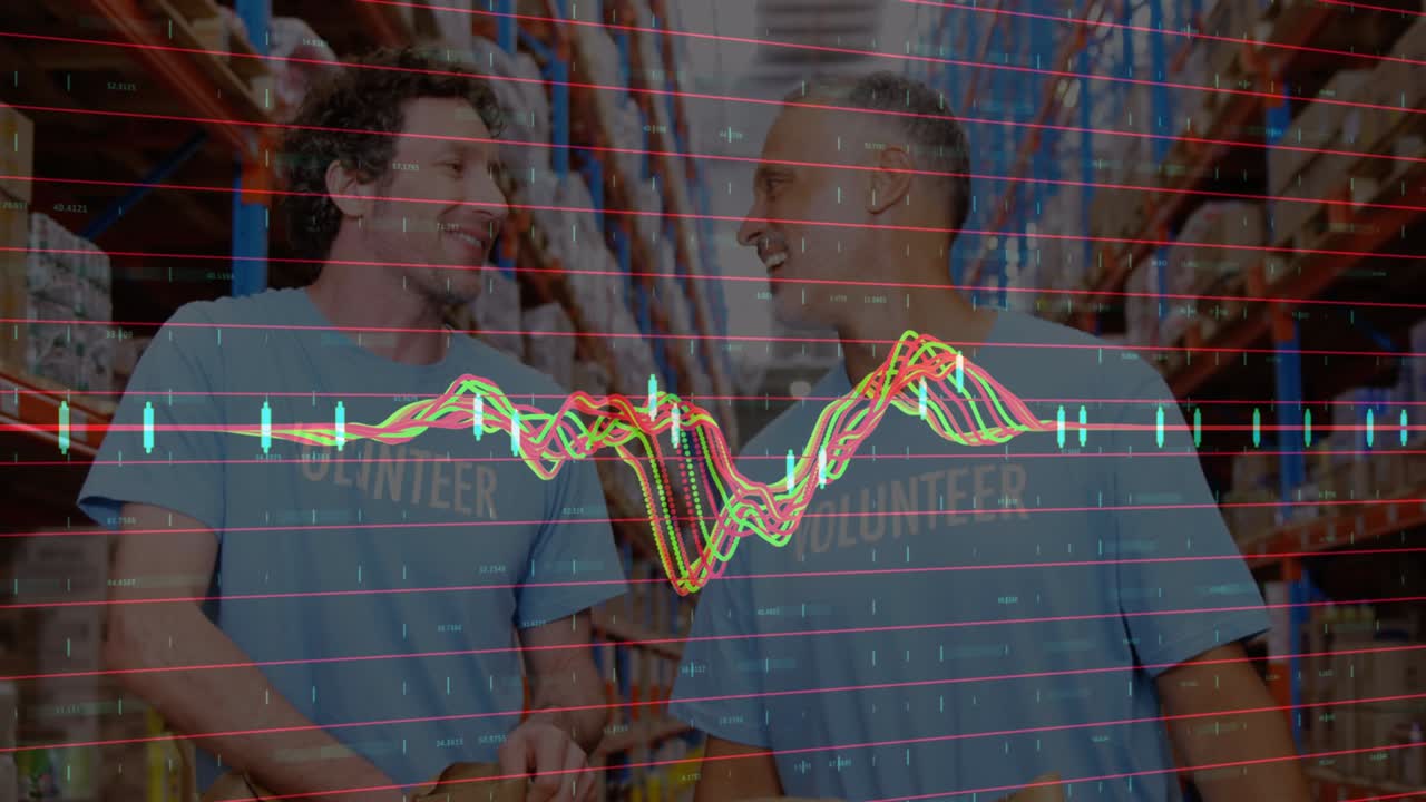 animación del procesamiento de datos financieros sobre diversos voluntarios en el almacén