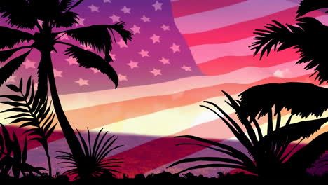 animación de la silueta de una palmera sobre la bandera de los estados unidos
