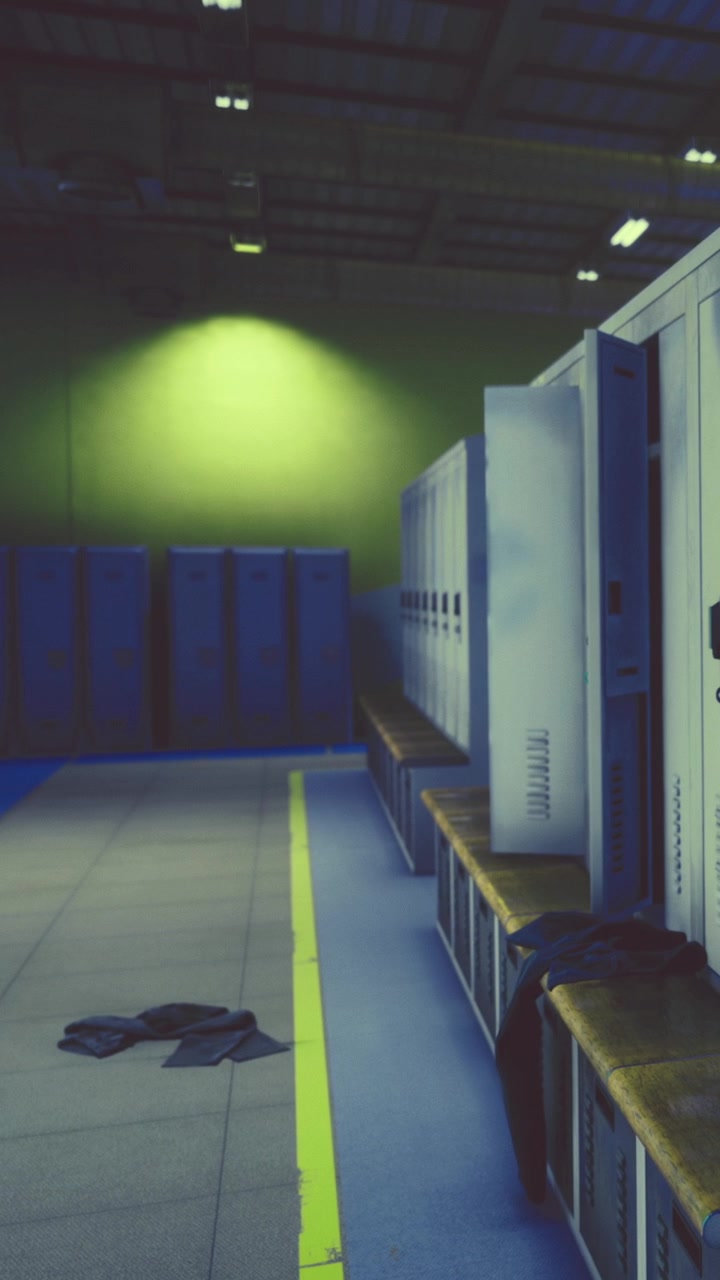 Lockers and clothing in a gym area during evening hours