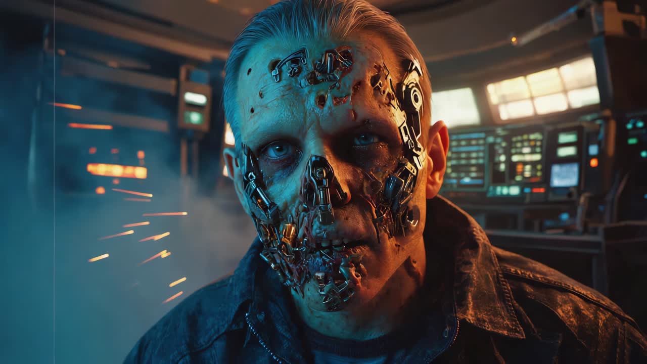 Cyborg's Damaged Face in a Futuristic Control Room