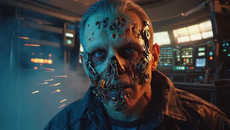 cyborg's damaged face in a futuristic control room