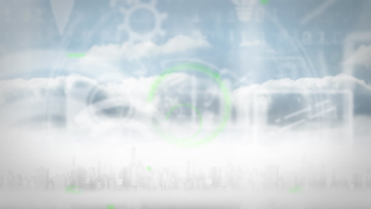 클라우드 스케이프에 대한 기어, 카메라, 바 그래프, 지도 핀포인트 및 노트북 아이콘의 애니메이션