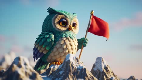 a vibrant animated owl proudly waves a red flag from a majestic mountain peak, showcasing its colorful feathers against a stunning natural backdrop.