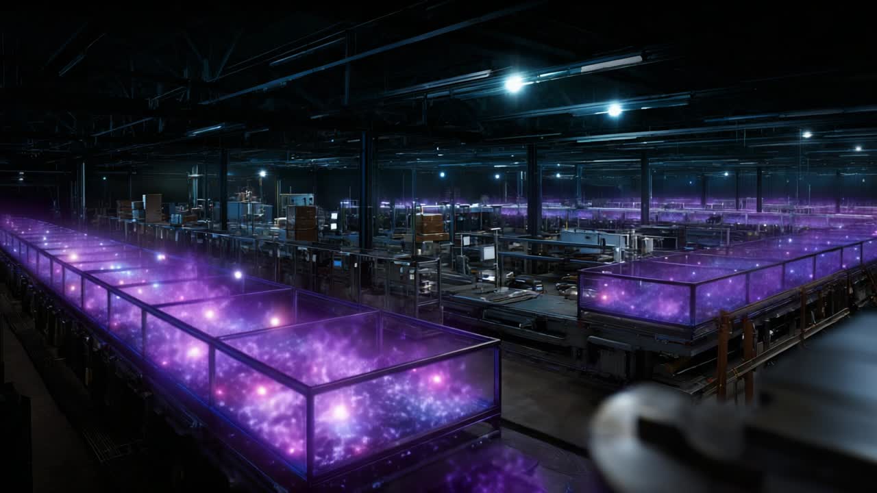 A futuristic warehouse with illuminated, otherworldly displays of vibrant purple cosmic visuals showcasing advanced technology and innovation within a spacious industrial environment, conjuring images of a dreamlike universe inherent within