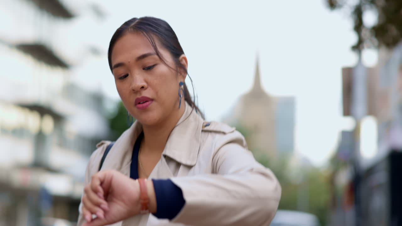 Asian woman, taxi and watch in city travel