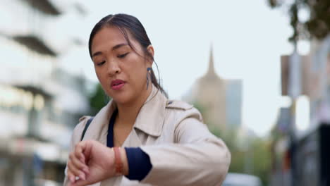 Asian-woman,-taxi-and-watch-in-city-travel