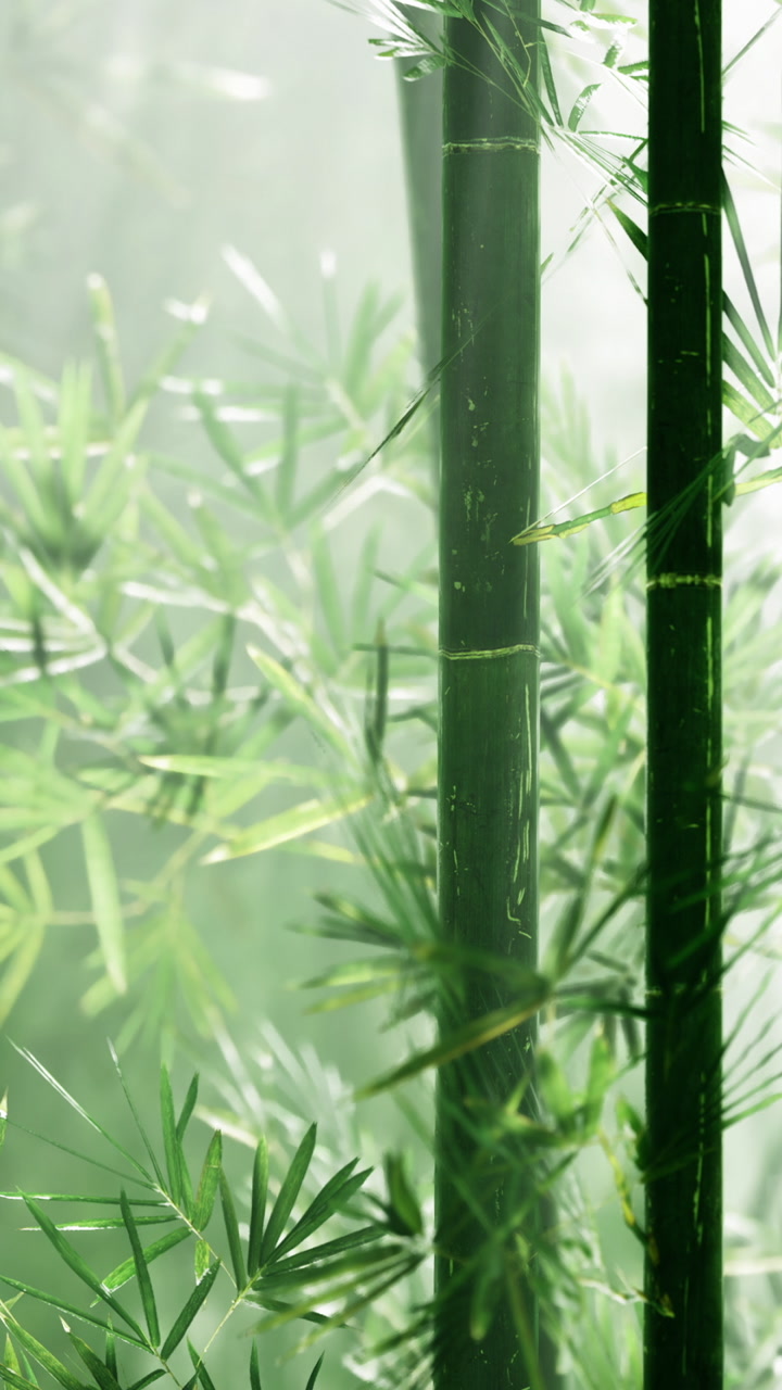 Close view of green bamboo plants in a misty environment at daytime