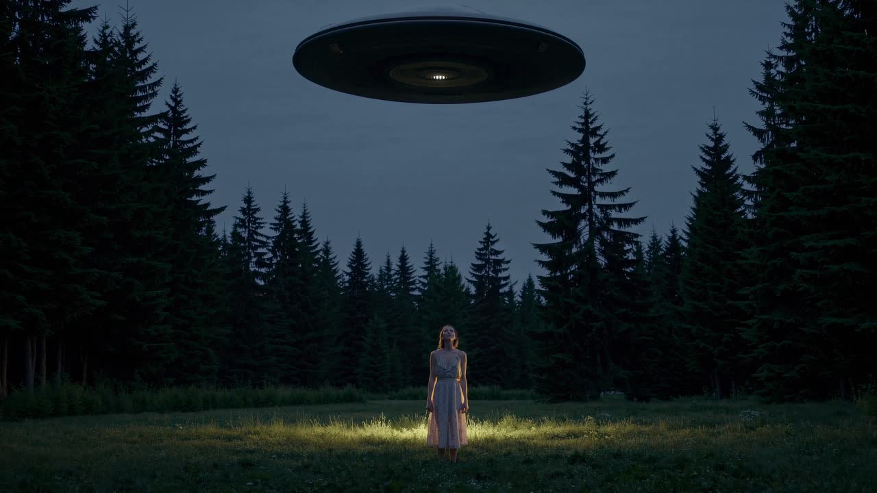 Aerial view of a woman in a forest illuminated by a UFO above, creating a mysterious, cinematic