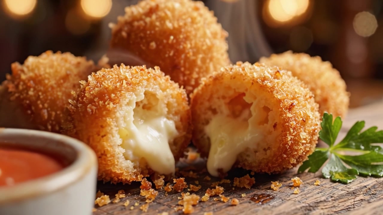 Deliziose palline di formaggio dorate e croccanti servite con salsa agrodolce: un primo piano invitante di stuzzichini appetitosi che si sciolgono in bocca.